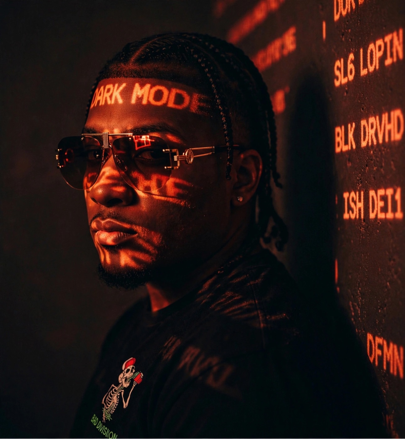 Dark Mode album cover featuring JMATIC in braids and sunglasses, lit by vivid red projections